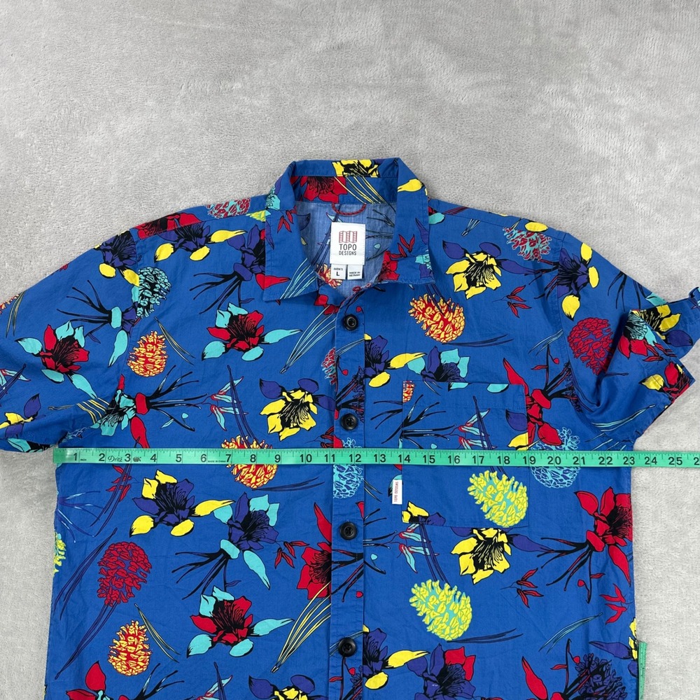 Topo Designs Shirt Men Large Blue Floral Short Sleeve Loop Collar Outdoor Casual - Picture 6 of 10